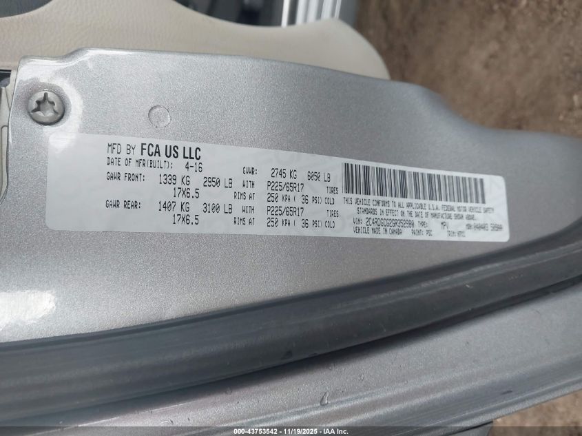 2016 Dodge Grand Caravan Sxt VIN: 2C4RDGCG2GR352980 Lot: 43753542