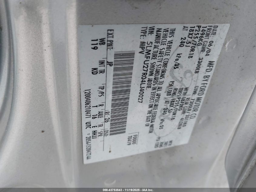 2004 Lincoln Navigator VIN: 5LMFU27R04LJ40027 Lot: 43753543