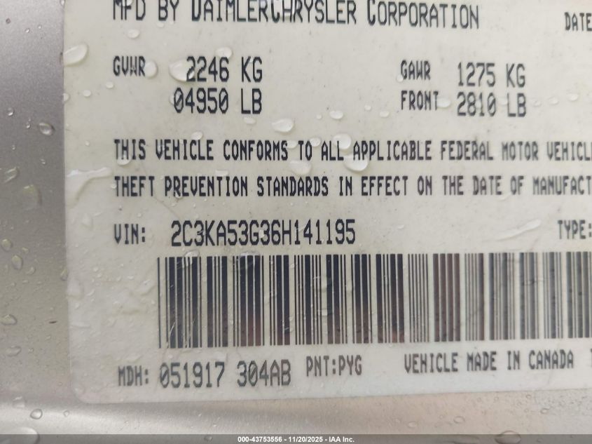 2006 Chrysler 300 Touring VIN: 2C3KA53G36H141195 Lot: 43753556