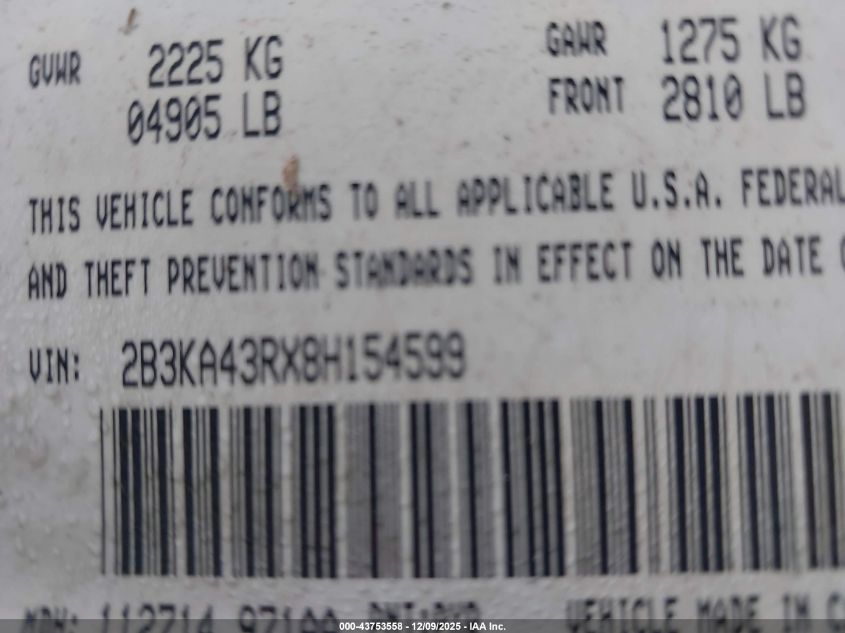 2008 Dodge Charger VIN: 2B3KA43RX8H154599 Lot: 43753558