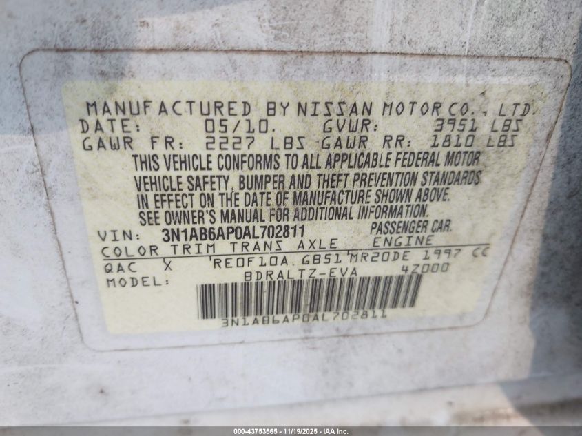 2010 Nissan Sentra 2.0Sr VIN: 3N1AB6AP0AL702811 Lot: 43753565