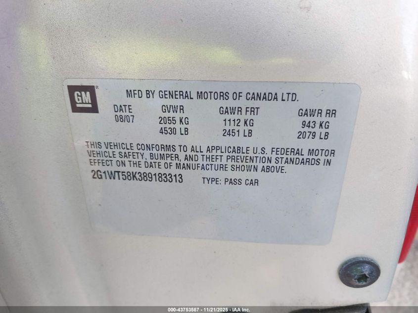 2008 Chevrolet Impala Lt VIN: 2G1WT58K389183313 Lot: 43753587