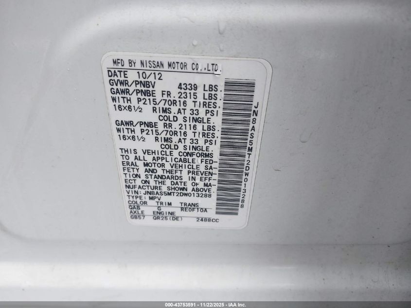 2013 Nissan Rogue S VIN: JN8AS5MT2DW013288 Lot: 43753591