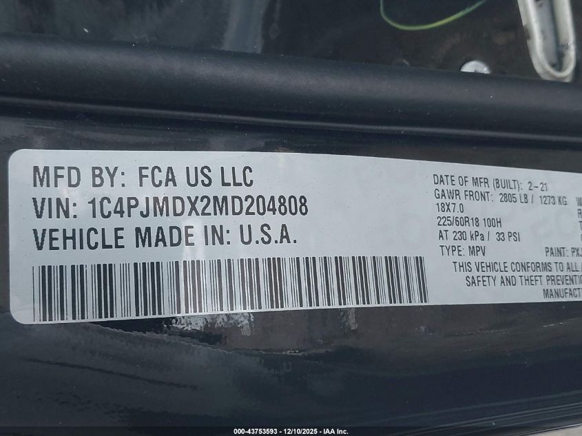 2021 Jeep Cherokee Limited 4X4 VIN: 1C4PJMDX2MD204808 Lot: 43753593