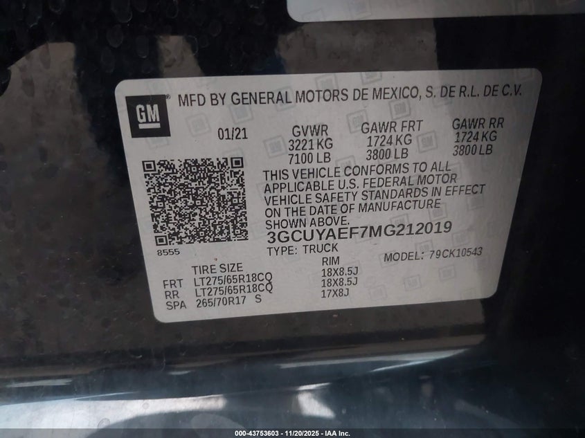 2021 Chevrolet Silverado 1500 4Wd Short Bed Wt VIN: 3GCUYAEF7MG212019 Lot: 43753603