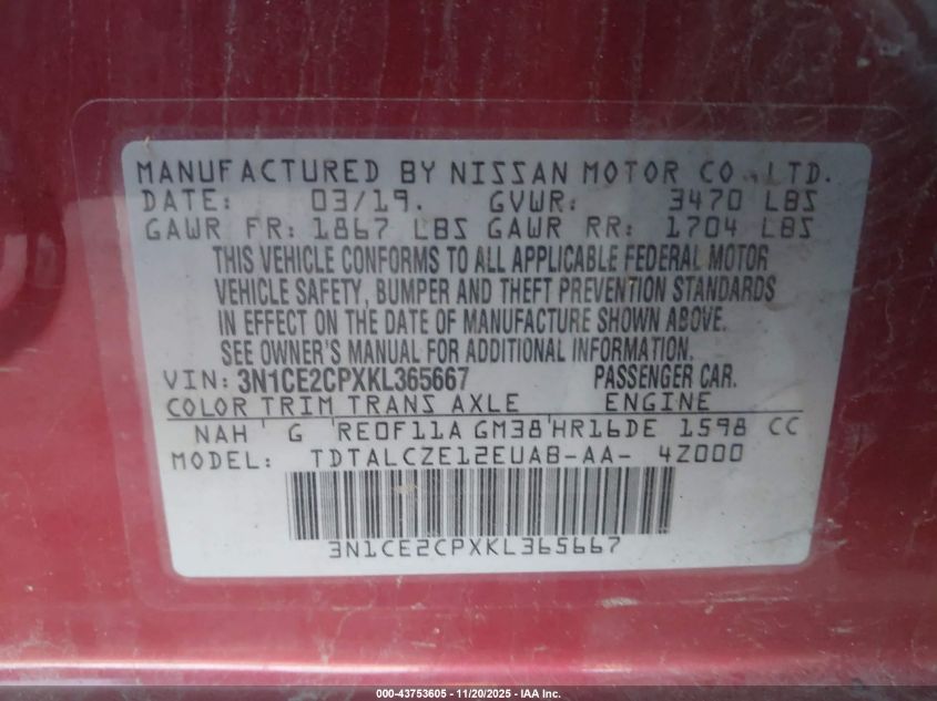 2019 Nissan Versa Note S VIN: 3N1CE2CPXKL365667 Lot: 43753605