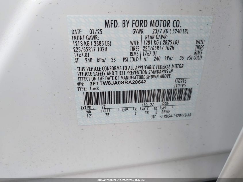 2025 Ford Maverick Xlt VIN: 3FTTW8JA0SRA20642 Lot: 43753609