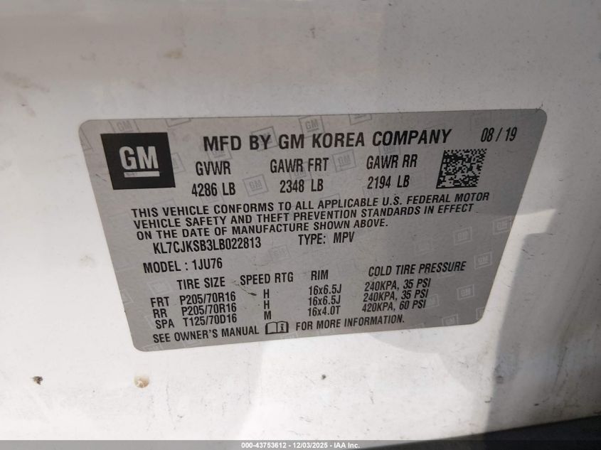 2020 Chevrolet Trax Fwd Ls VIN: KL7CJKSB3LB022813 Lot: 43753612