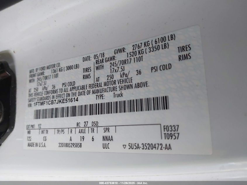 2018 Ford F-150 Xl VIN: 1FTMF1CB7JKE51614 Lot: 43753618