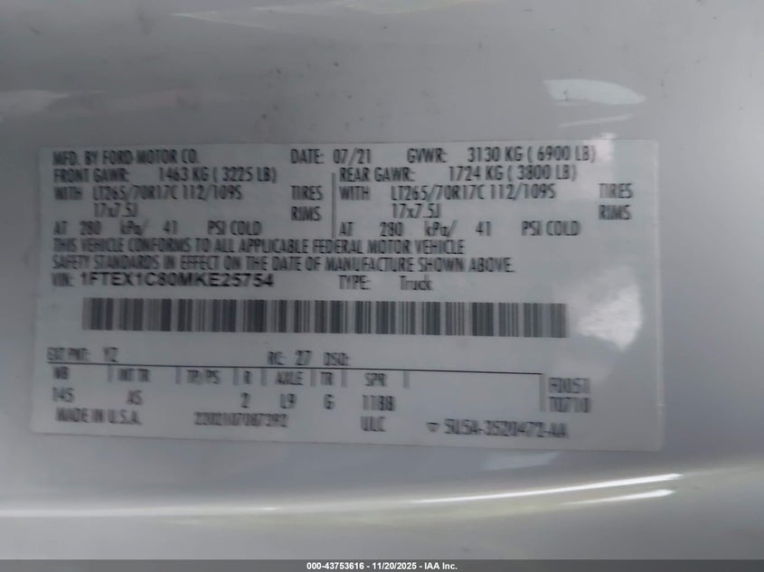 2021 Ford F-150(VIN: 1FTEX1C80MKE25754