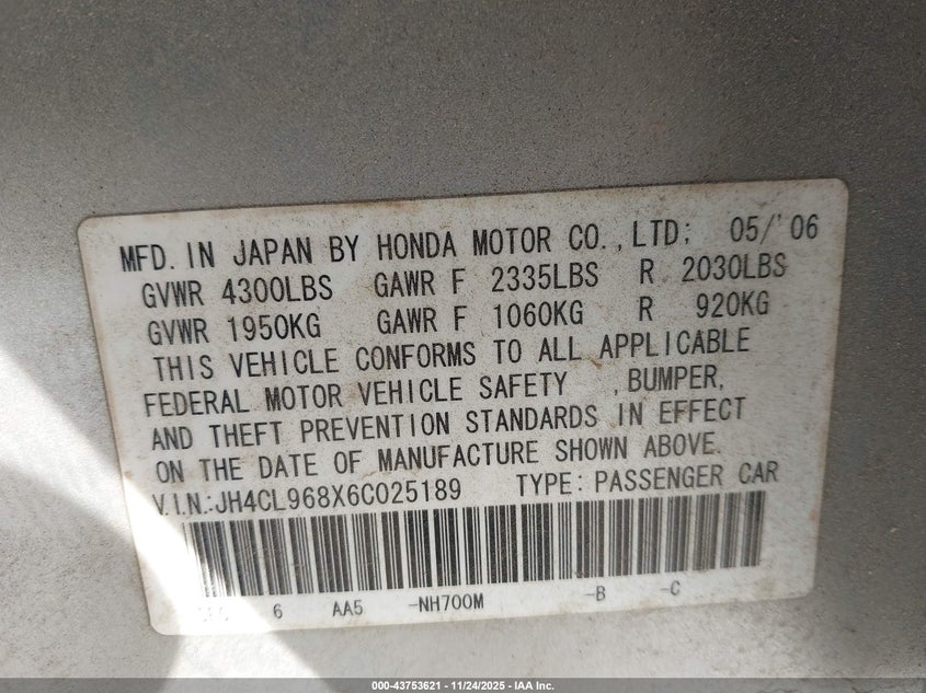 2006 Acura Tsx VIN: JH4CL968X6C025189 Lot: 43753621