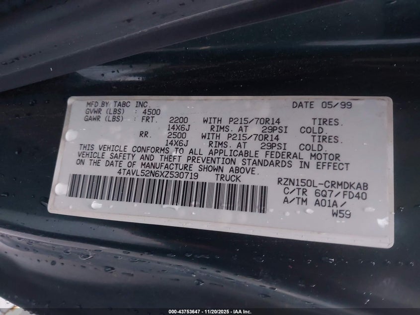 1999 Toyota Tacoma VIN: 4TAVL52N6XZ530719 Lot: 43753647