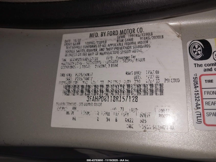 3FAHP08118R157128 2008 FORD FUSION photo no. 9