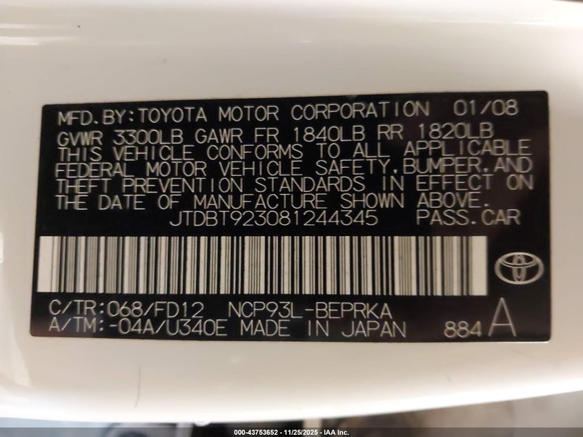 2008 Toyota Yaris VIN: JTDBT923081244345 Lot: 43753652