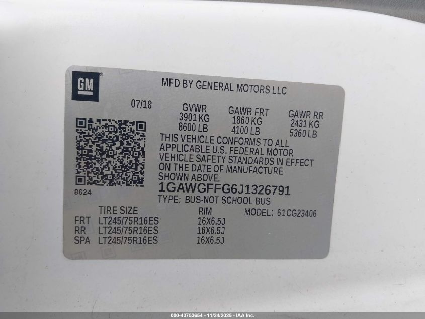 2018 Chevrolet Express 2500 Lt VIN: 1GAWGFFG6J1326791 Lot: 43753654