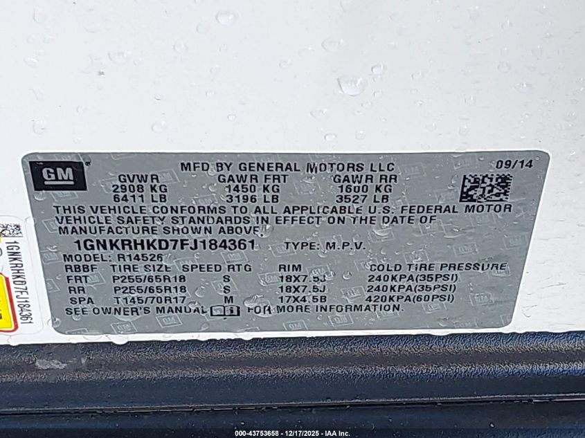 2015 Chevrolet Traverse 2Lt VIN: 1GNKRHKD7FJ184361 Lot: 43753658