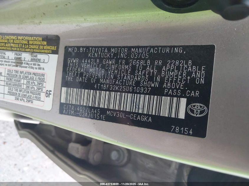 2005 Toyota Camry Xle V6 VIN: 4T1BF32K25U610937 Lot: 43753659