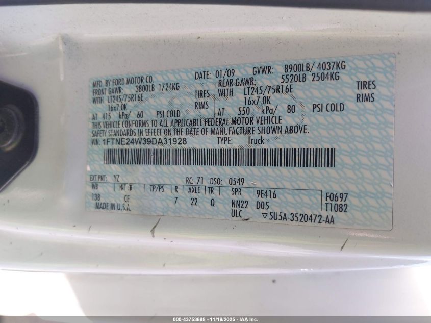 2009 Ford E-250 Commercial/Recreational VIN: 1FTNE24W39DA31928 Lot: 43753688