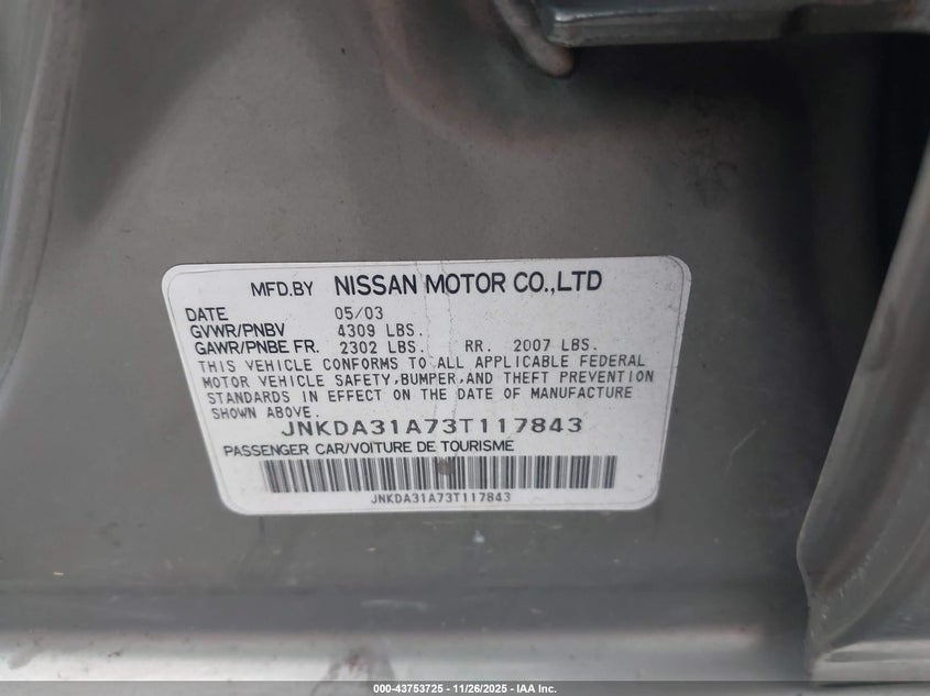 2003 Infiniti I35 Luxury VIN: JNKDA31A73T117843 Lot: 43753725