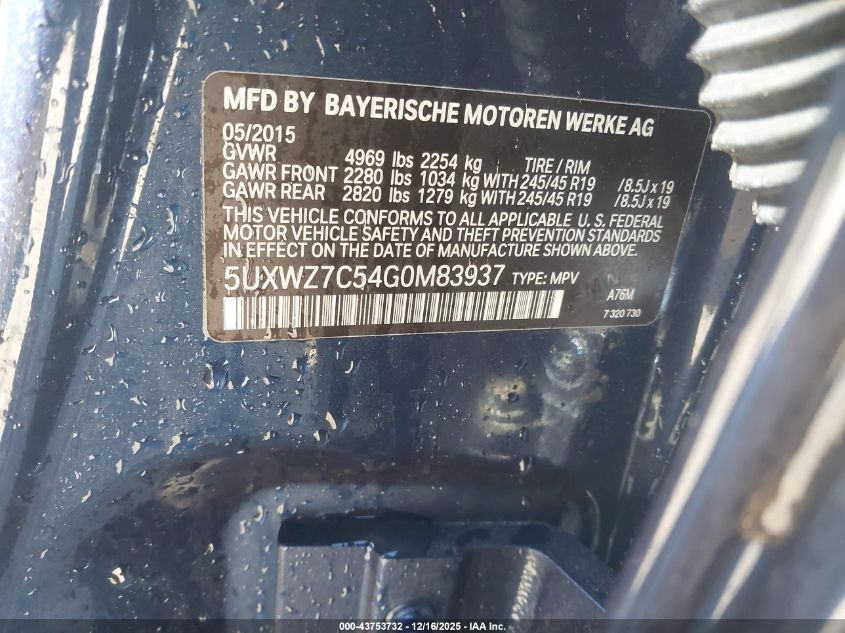 2016 BMW X3 Sdrive28I VIN: 5UXWZ7C54G0M83937 Lot: 43753732