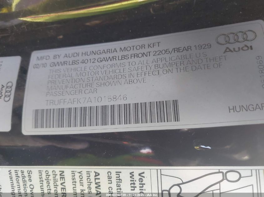 2010 Audi Tt 2.0T Premium VIN: TRUFFAFK7A1015846 Lot: 43753739