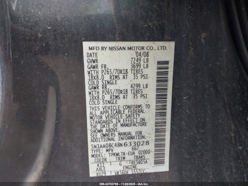 2008 Nissan Armada Se VIN: 5N1AA08C48N633028 Lot: 43753756