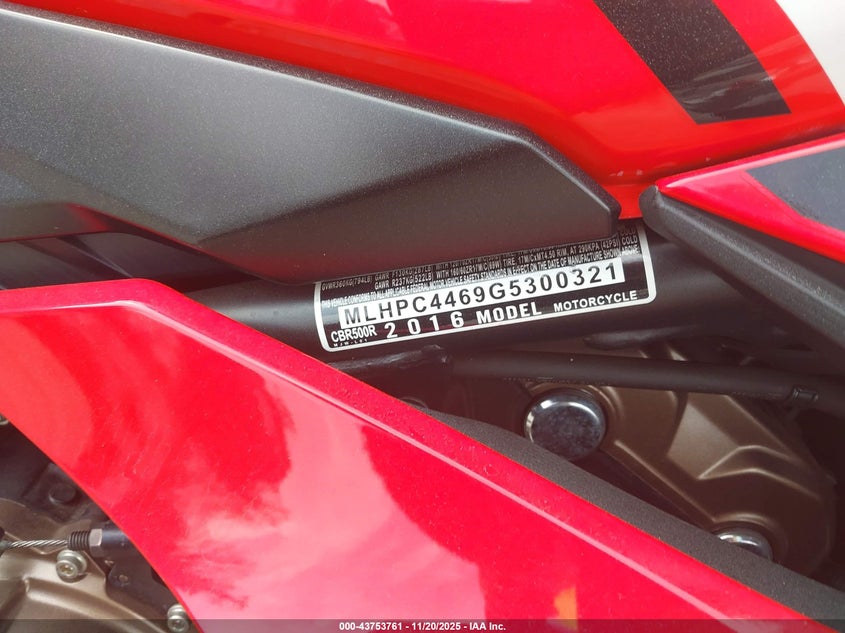2016 Honda Cbr500 R VIN: MLHPC4469G5300321 Lot: 43753761