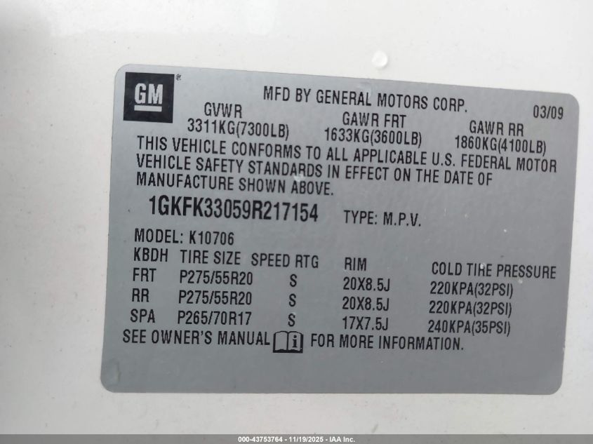 2009 GMC Yukon Slt2 VIN: 1GKFK33059R217154 Lot: 43753764