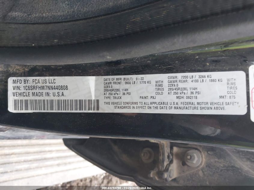 2022 Ram 1500 Limited VIN: 1C6SRFHM7NN440808 Lot: 43753798