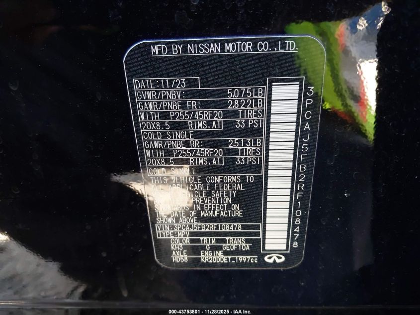 2024 Infiniti Qx50 Sport Awd VIN: 3PCAJ5FB2RF108478 Lot: 43753801