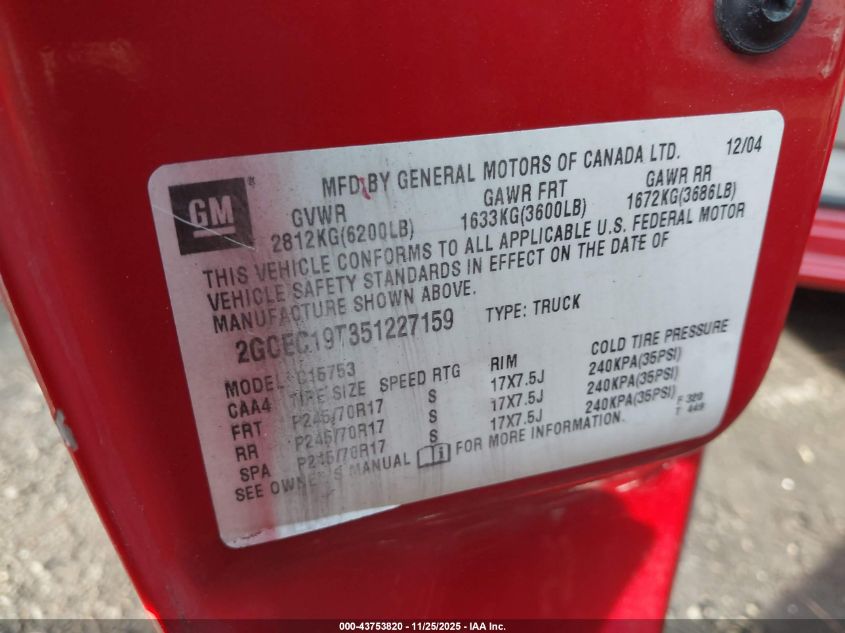 2005 Chevrolet Silverado 1500 Ls VIN: 2GCEC19T351227159 Lot: 43753820