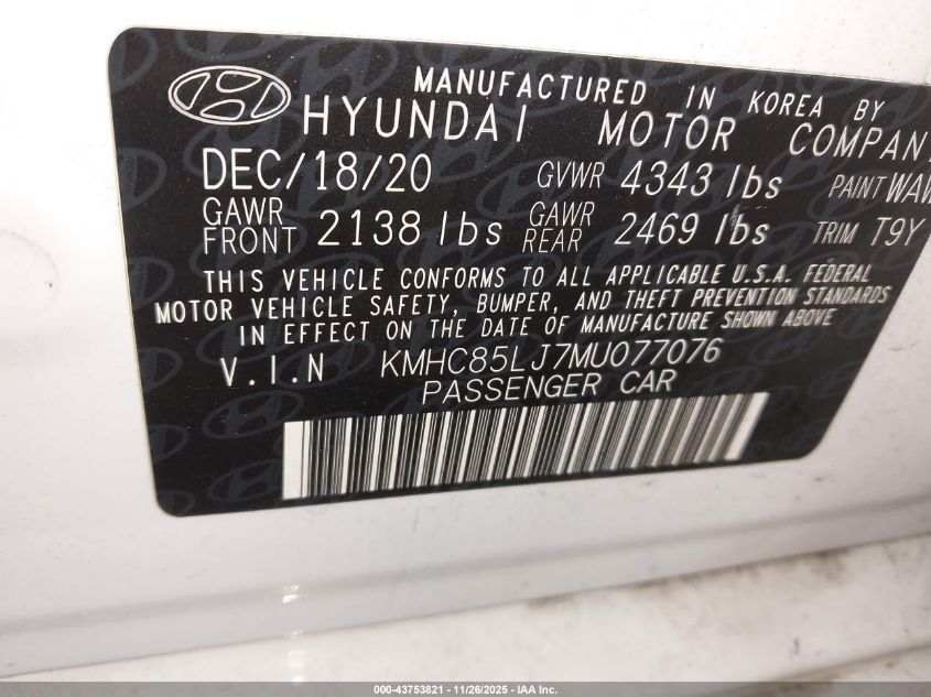 2021 Hyundai Ioniq Electric Limited VIN: KMHC85LJ7MU077076 Lot: 43753821