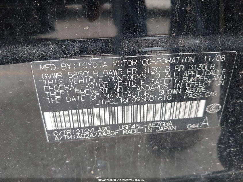 2009 Lexus Ls 460 VIN: JTHCL46F095001610 Lot: 43753838