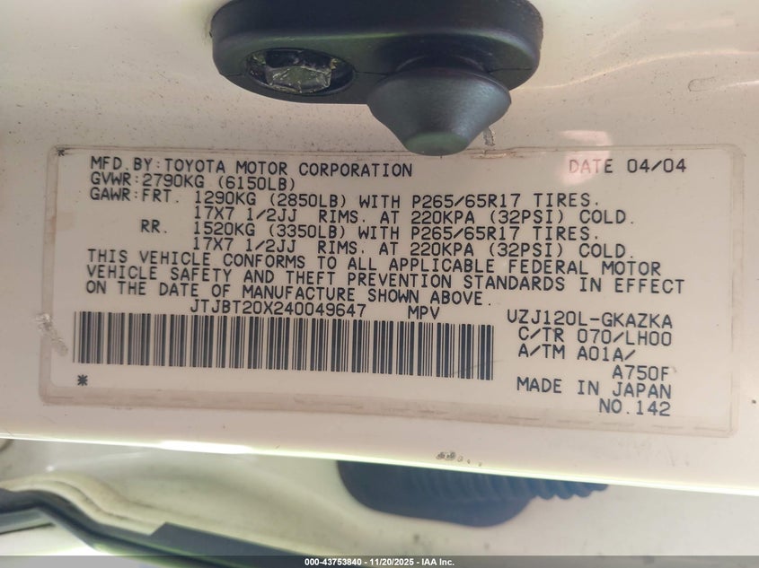 2004 Lexus Gx 470 VIN: JTJBT20X240049647 Lot: 43753840