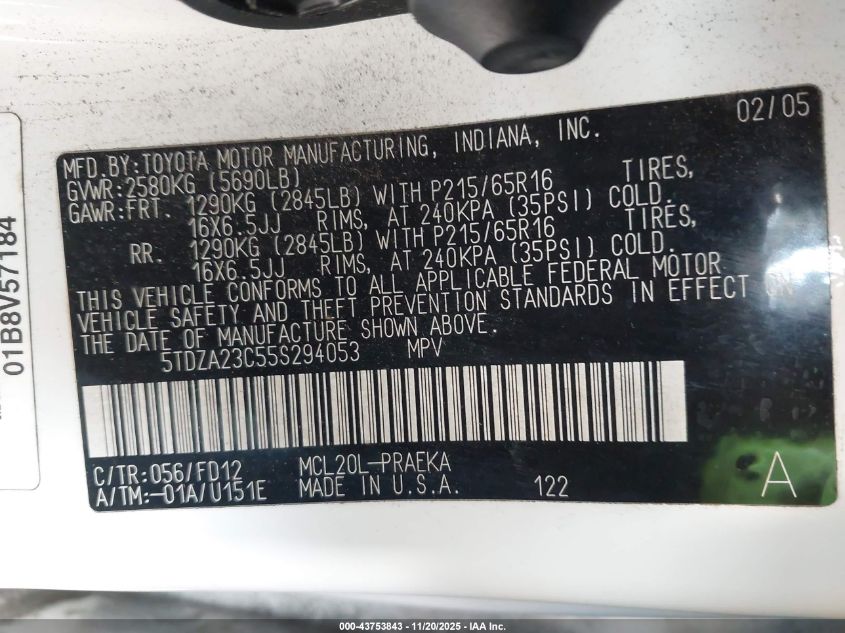 2005 Toyota Sienna Ce VIN: 5TDZA23C55S294053 Lot: 43753843