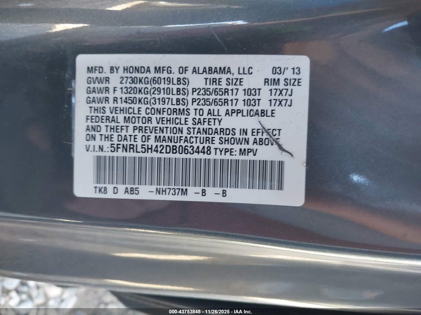 2013 Honda Odyssey Ex VIN: 5FNRL5H42DB063448 Lot: 43753848