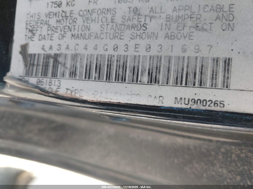 2003 Mitsubishi Eclipse Gs VIN: 4A3AC44G03E031697 Lot: 43753859