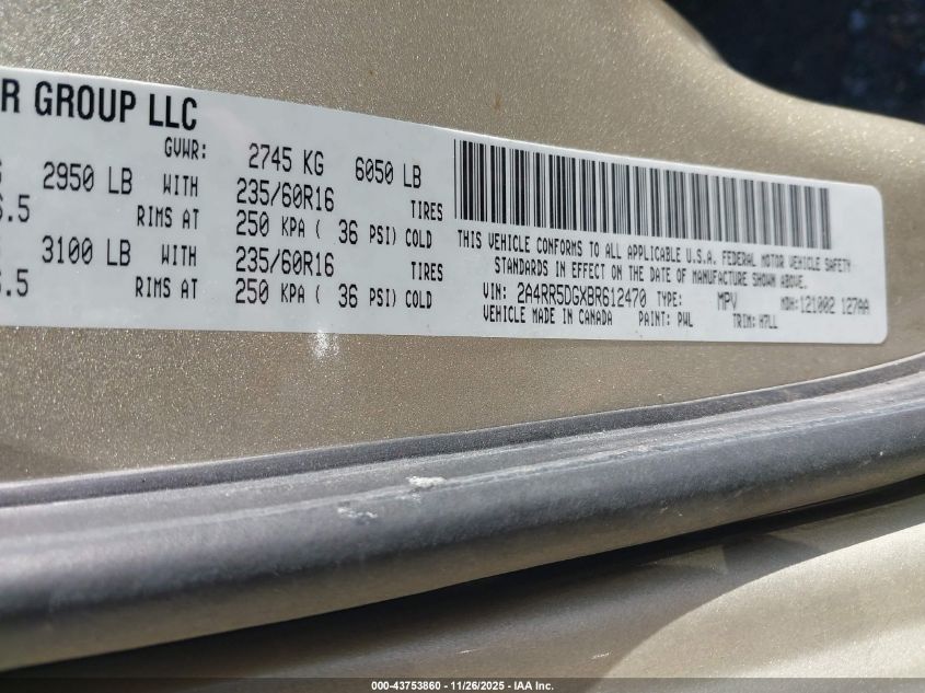 2011 Chrysler Town & Country Touring VIN: 2A4RR5DGXBR612470 Lot: 43753860