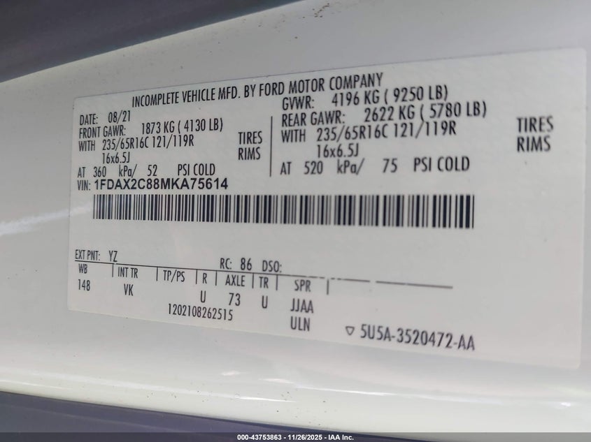 2021 Ford Transit-350 Passenger Van Xl VIN: 1FDAX2C88MKA75614 Lot: 43753863