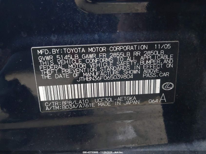 2006 Lexus Ls 430 VIN: JTHBN36F065039804 Lot: 43753869