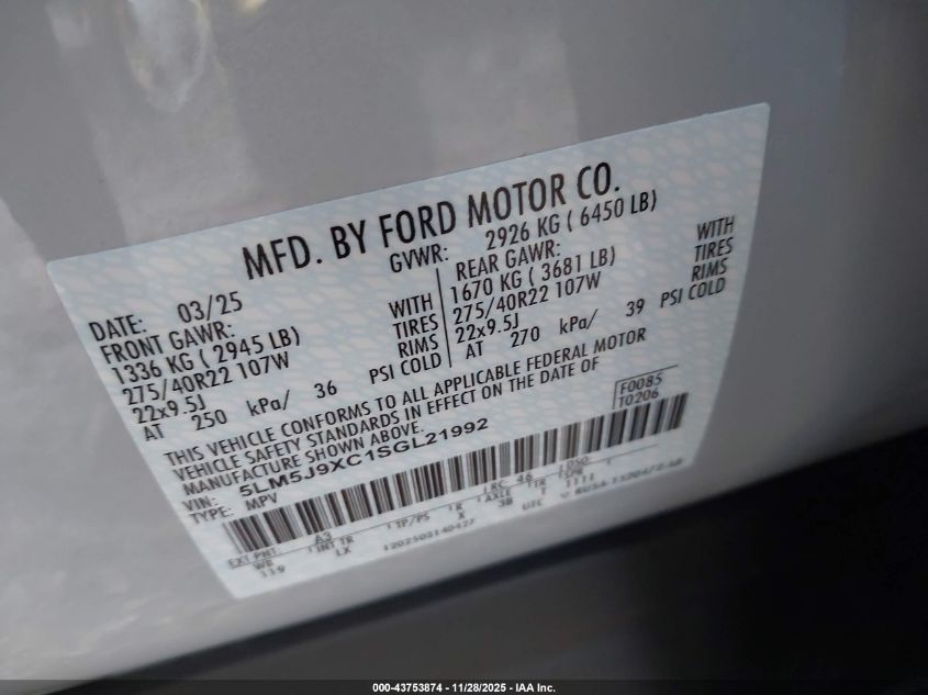 2025 Lincoln Aviator Black Label VIN: 5LM5J9XC1SGL21992 Lot: 43753874