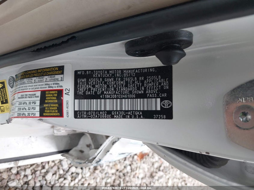 2012 Toyota Avalon VIN: 4T1BK3DB1CU461006 Lot: 43753876