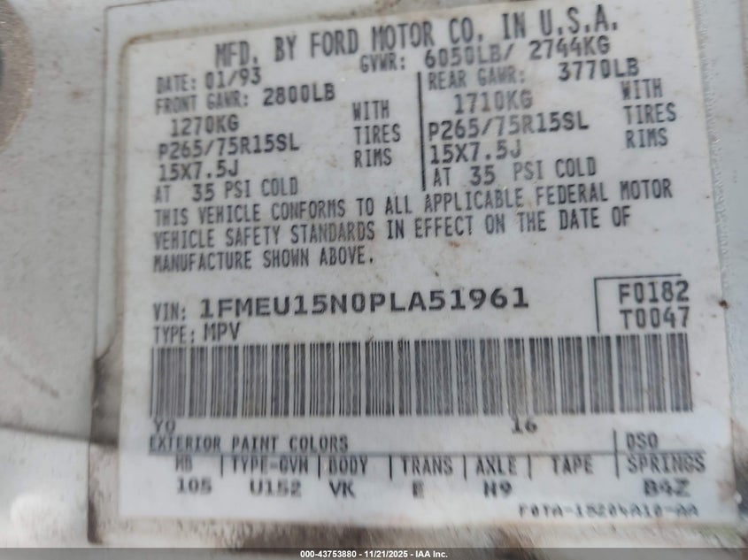 1993 Ford Bronco U100 VIN: 1FMEU15N0PLA51961 Lot: 43753880