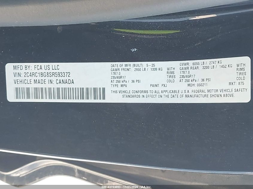 2025 Chrysler Pacifica Select VIN: 2C4RC1BG8SR593372 Lot: 43753893