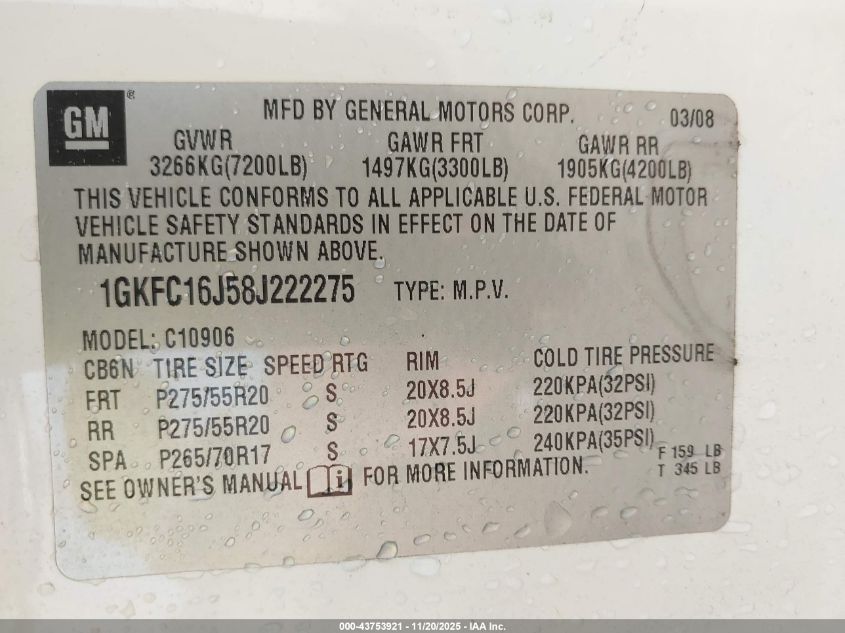 2008 GMC Yukon Xl 1500 Slt VIN: 1GKFC16J58J222275 Lot: 43753921