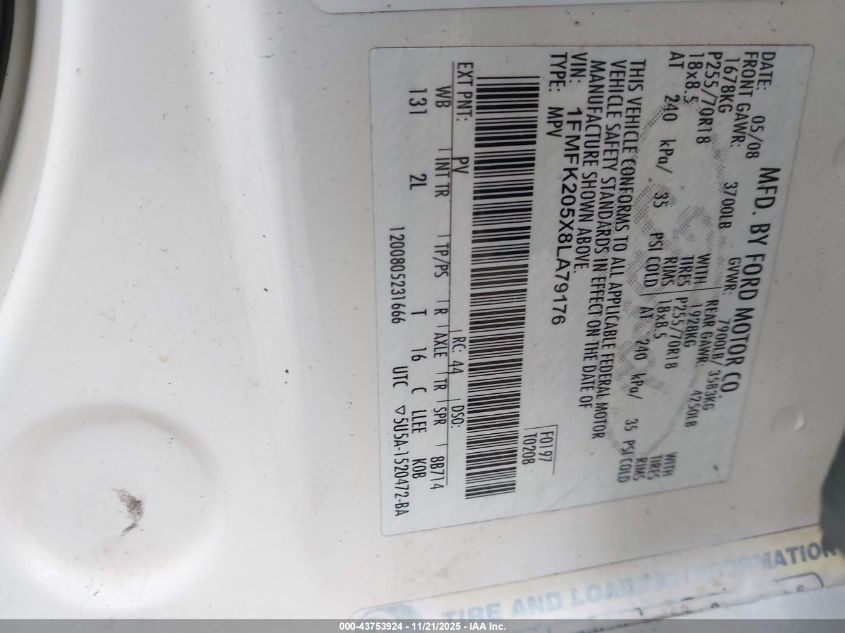 2008 Ford Expedition El Limited VIN: 1FMFK205X8LA79176 Lot: 43753924