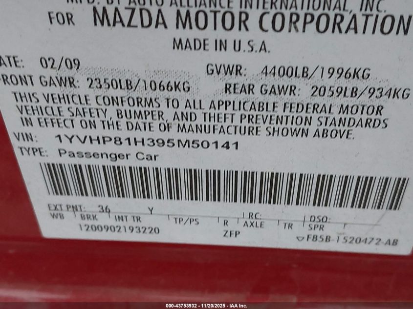 2009 Mazda Mazda6 I Sport VIN: 1YVHP81H395M50141 Lot: 43753932