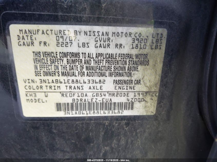 2008 Nissan Sentra 2.0S VIN: 3N1AB61E88L633682 Lot: 43753935