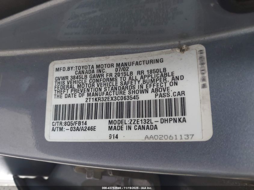 2003 Toyota Matrix Xr VIN: 2T1KR32EX3C063545 Lot: 43753946