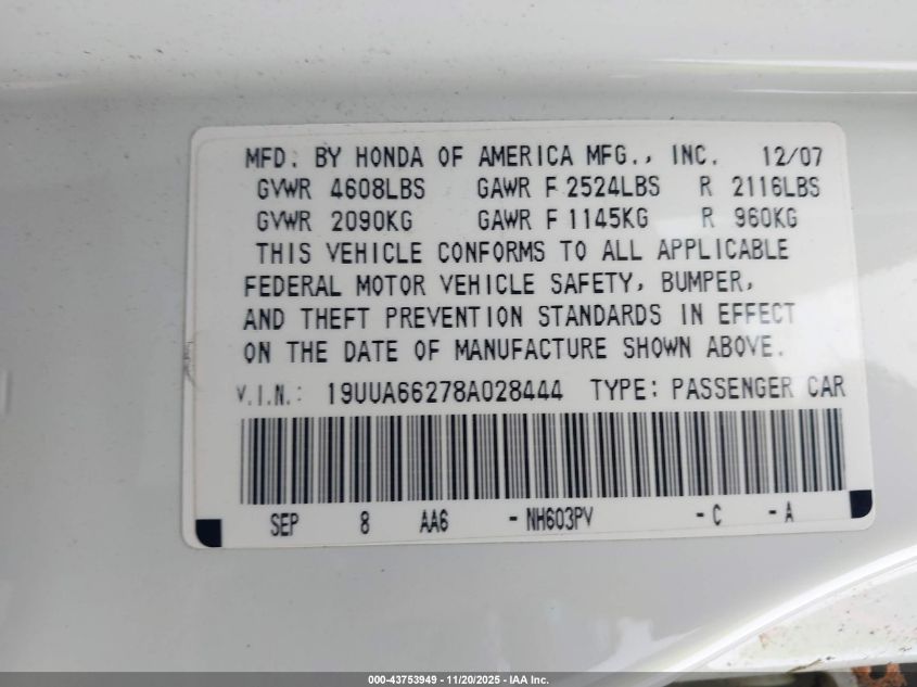 2008 Acura Tl 3.2 VIN: 19UUA66278A028444 Lot: 43753949
